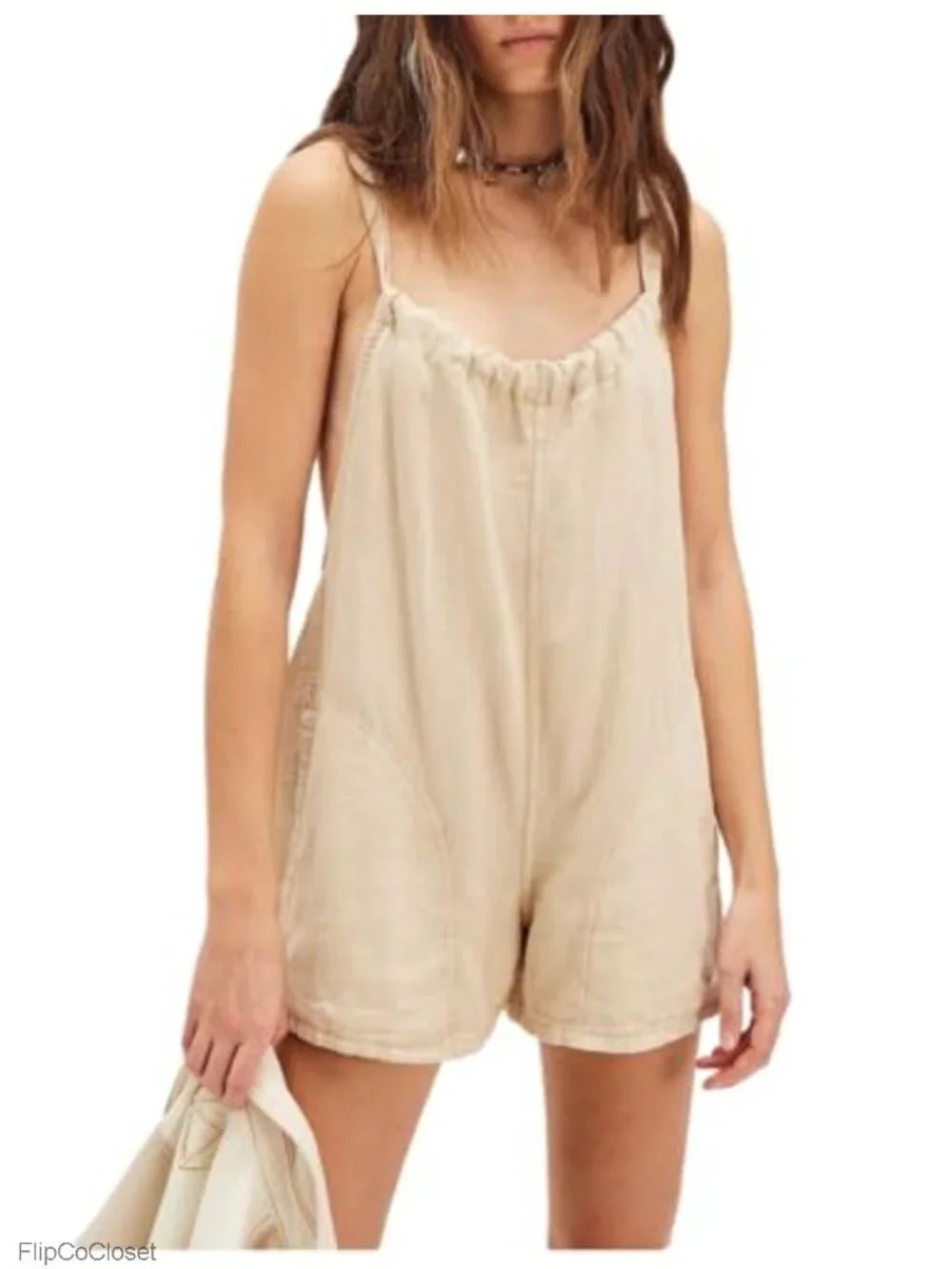 Women's Linen Blend Shortall Romper Overalls with Pockets